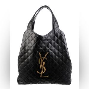 Yves Saint Laurent Black Quilted Tote with Gold Logo